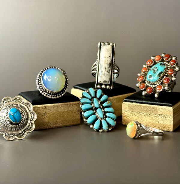 Sterling silver rings with opal, turquoise and coral