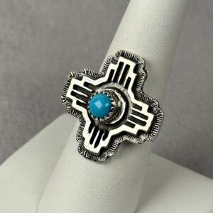 Zia Kingman Turquoise Ring – Navajo Made – Hiram Largo – Sz 8