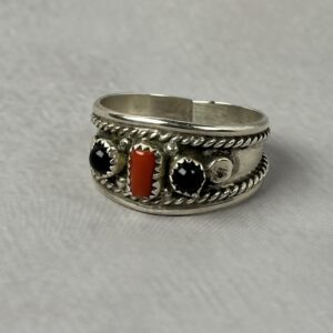 Black Onyx & Red Coral Ring – Navajo Made – Sz 11