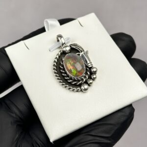 Amber toned Greenish Red Ethiopian Opal Pendant - Navajo Made - Homer Begay