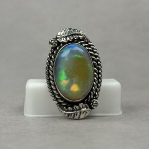 Fiery Green and Blue 15ctw Ethiopian Opal Ring - Navajo Made - Homer Begay - sz 7 1/4