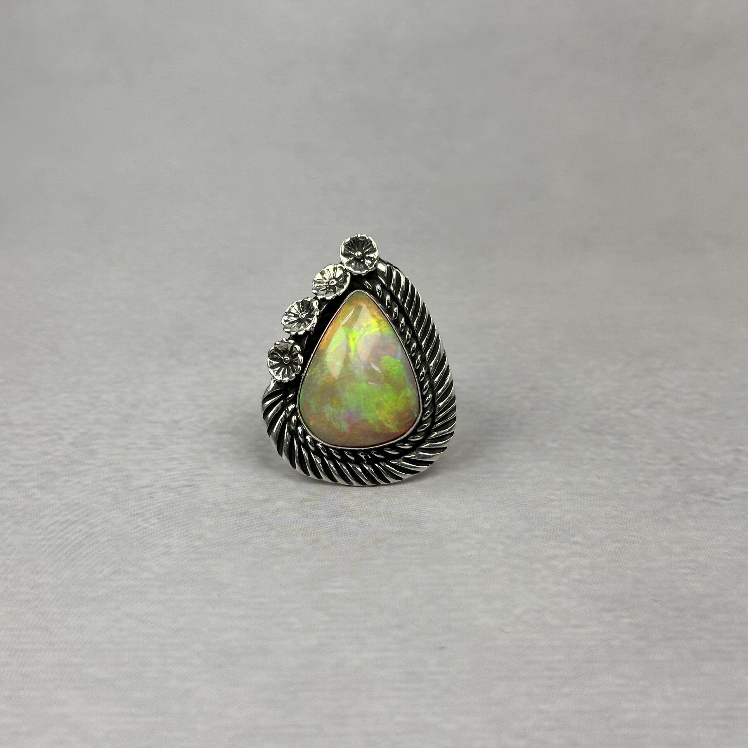 Bright Reddish Green 10ctw Ethiopian Opal Ring - Navajo Made-Homer Begay - sz 8 1/2