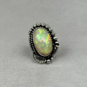Flashy Red and Green 15ctw Ethiopian Opal Ring - Navajo Made - Homer Begay - sz 7 3/4