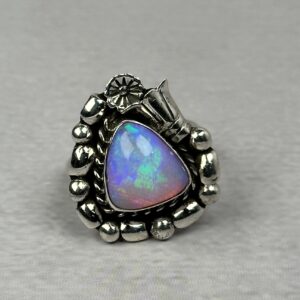 Fiery Sky Blue and Pink 5ctw Ethiopian Opal Ring - Navajo Made - Homer Begay - sz 9