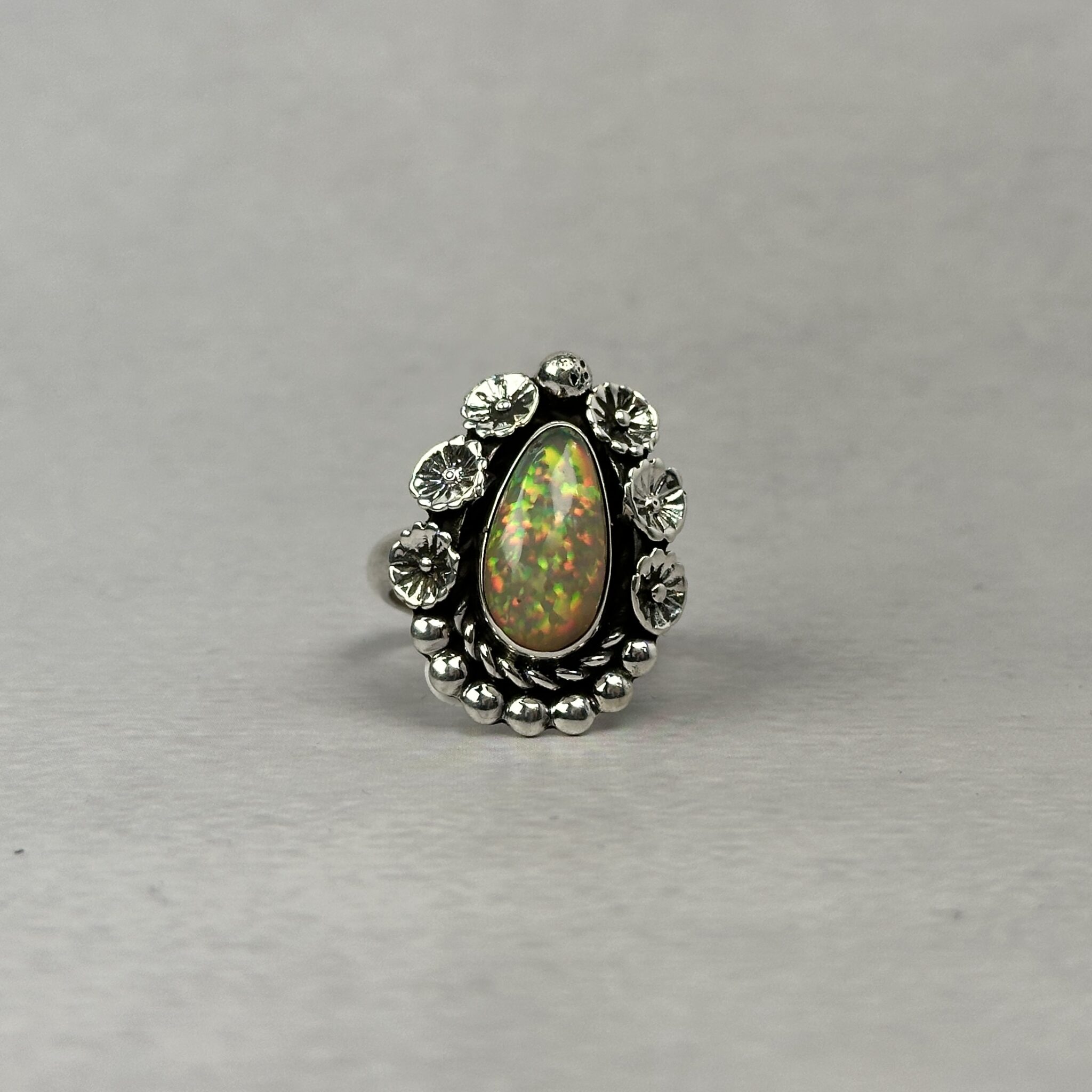 Ethiopian opal ring in a hand-built Navajo sterling silver setting by Homer Begay