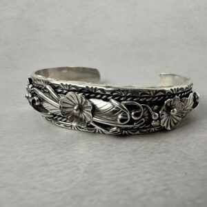 Solid .925 3 Flower Cuff – Navajo Made- Bessie Joe - 1 1/4" gap