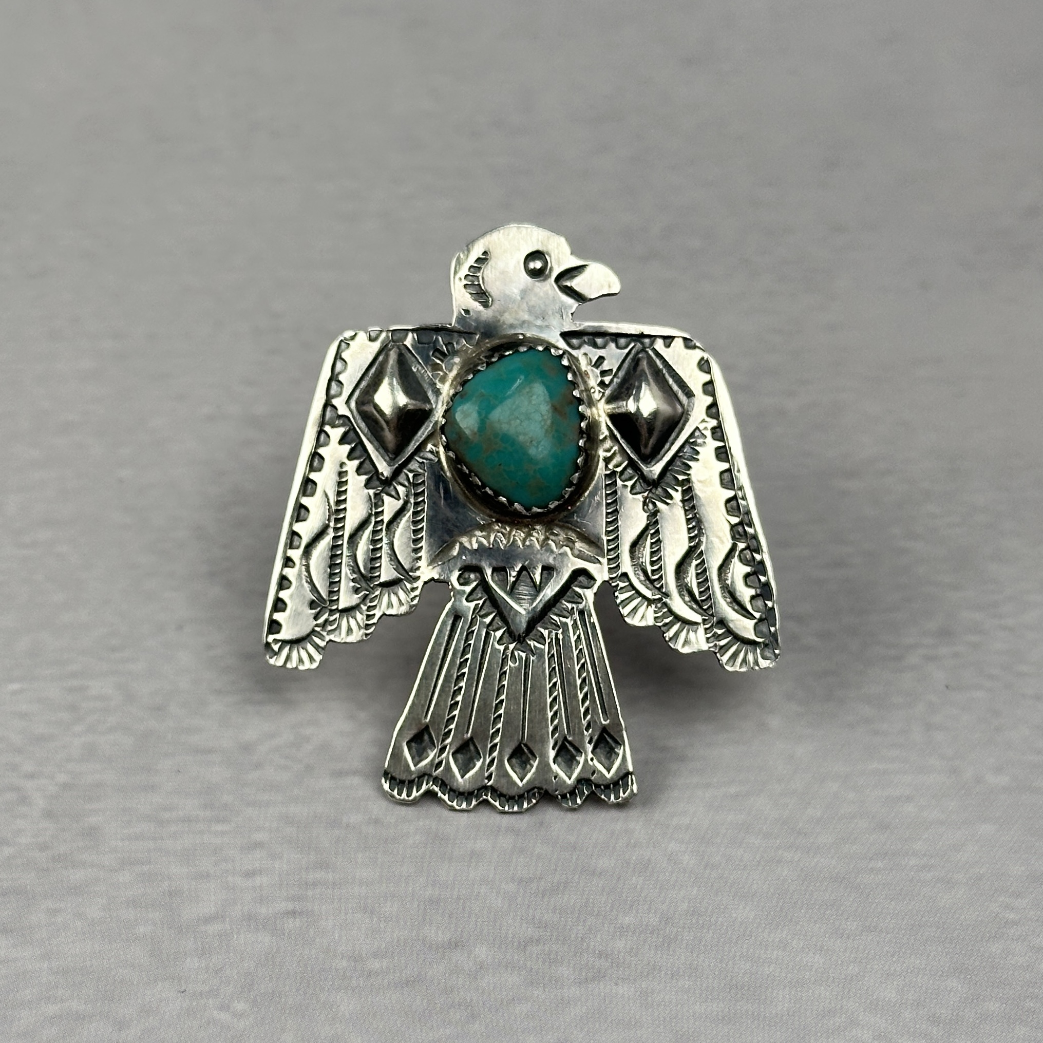 Kingman Turquoise Thunderbird Ring – Navajo Made - Tim Yazzie - sz 9 1/2