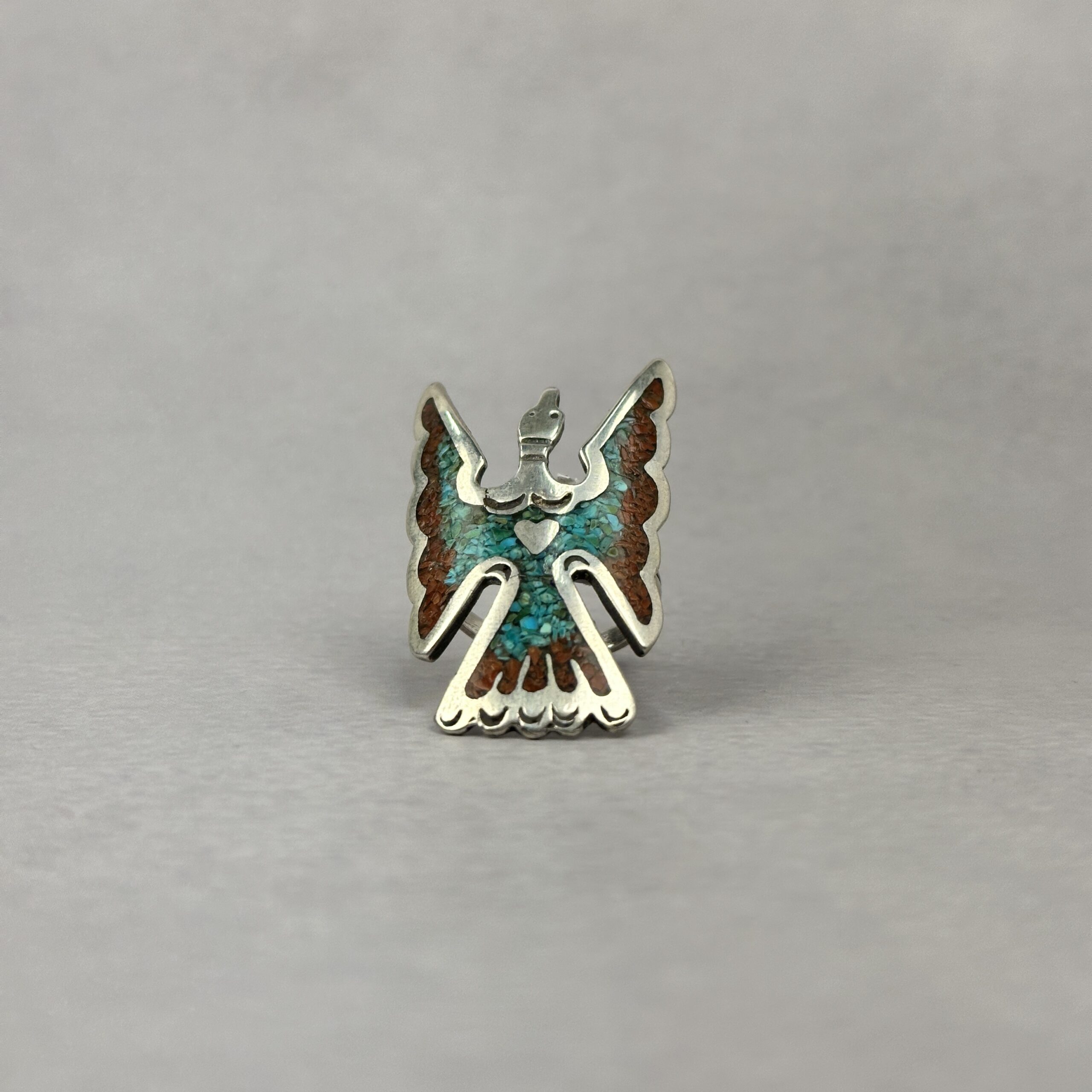 Turquoise and Coral Thunderbird Ring - Navajo Made - sz 7 - Image 4