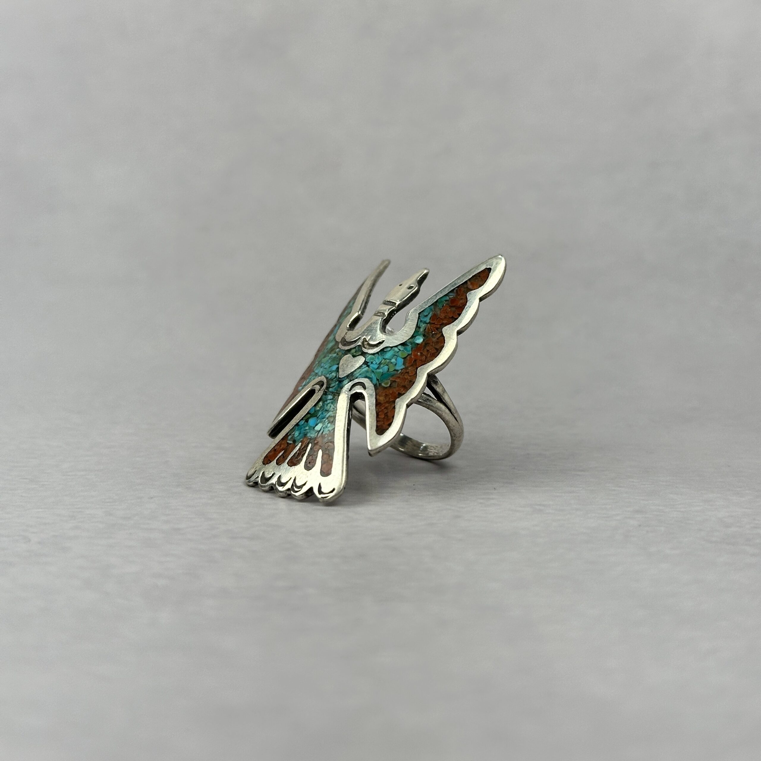 Turquoise and Coral Thunderbird Ring - Navajo Made - sz 7 - Image 3