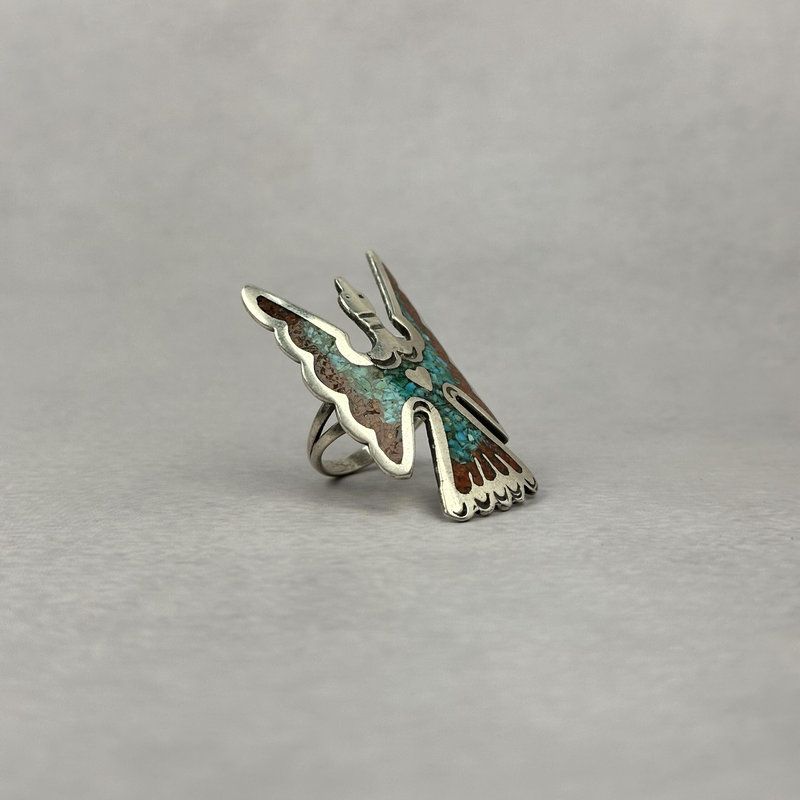 Turquoise and Coral Thunderbird Ring - Navajo Made - sz 7 - Image 2