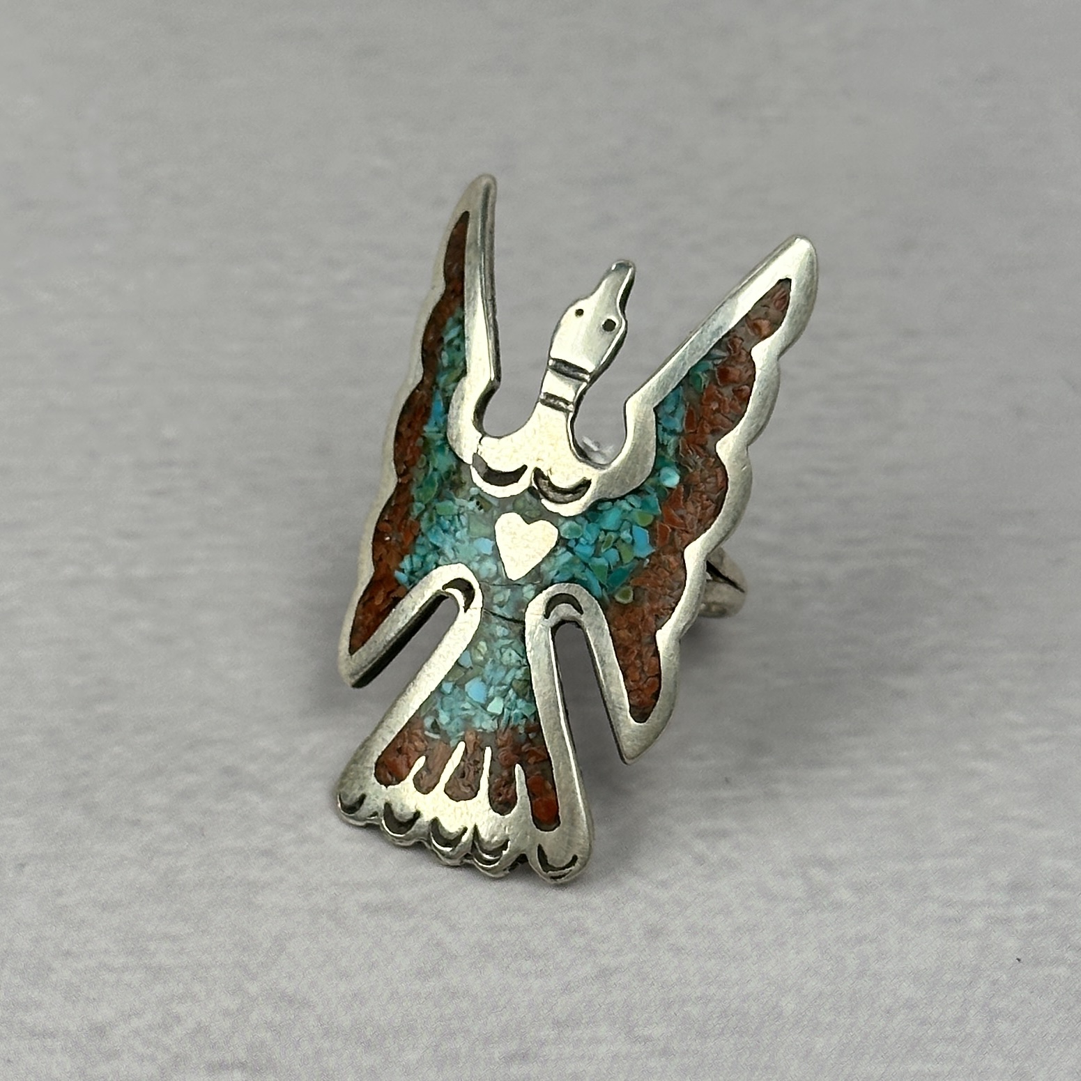 Turquoise and Coral Thunderbird Ring - Navajo Made - sz 7