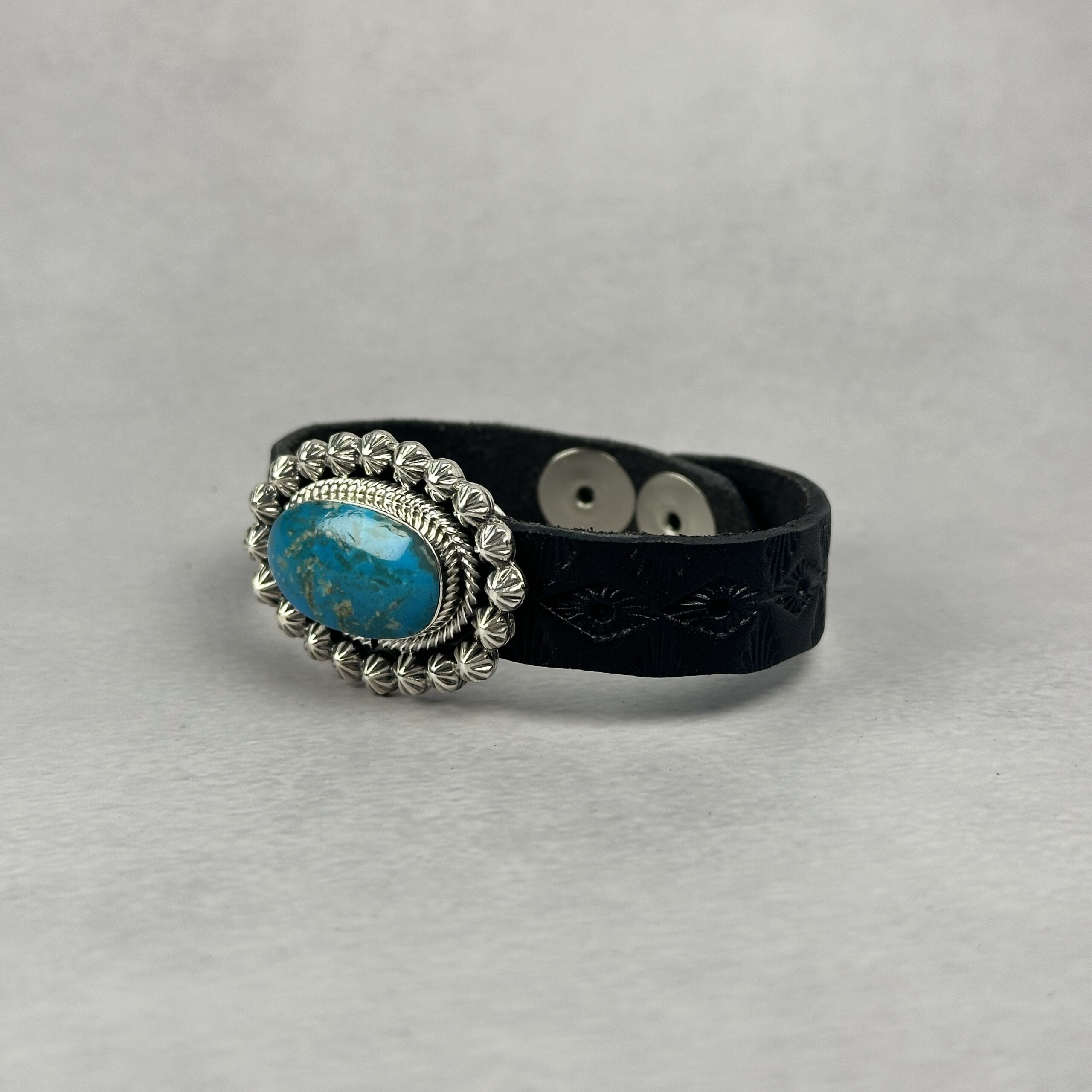 Black Leather and Kingman Turquoise Bracelet - Navajo Made -Suzanne Johnson - 8" - Image 3