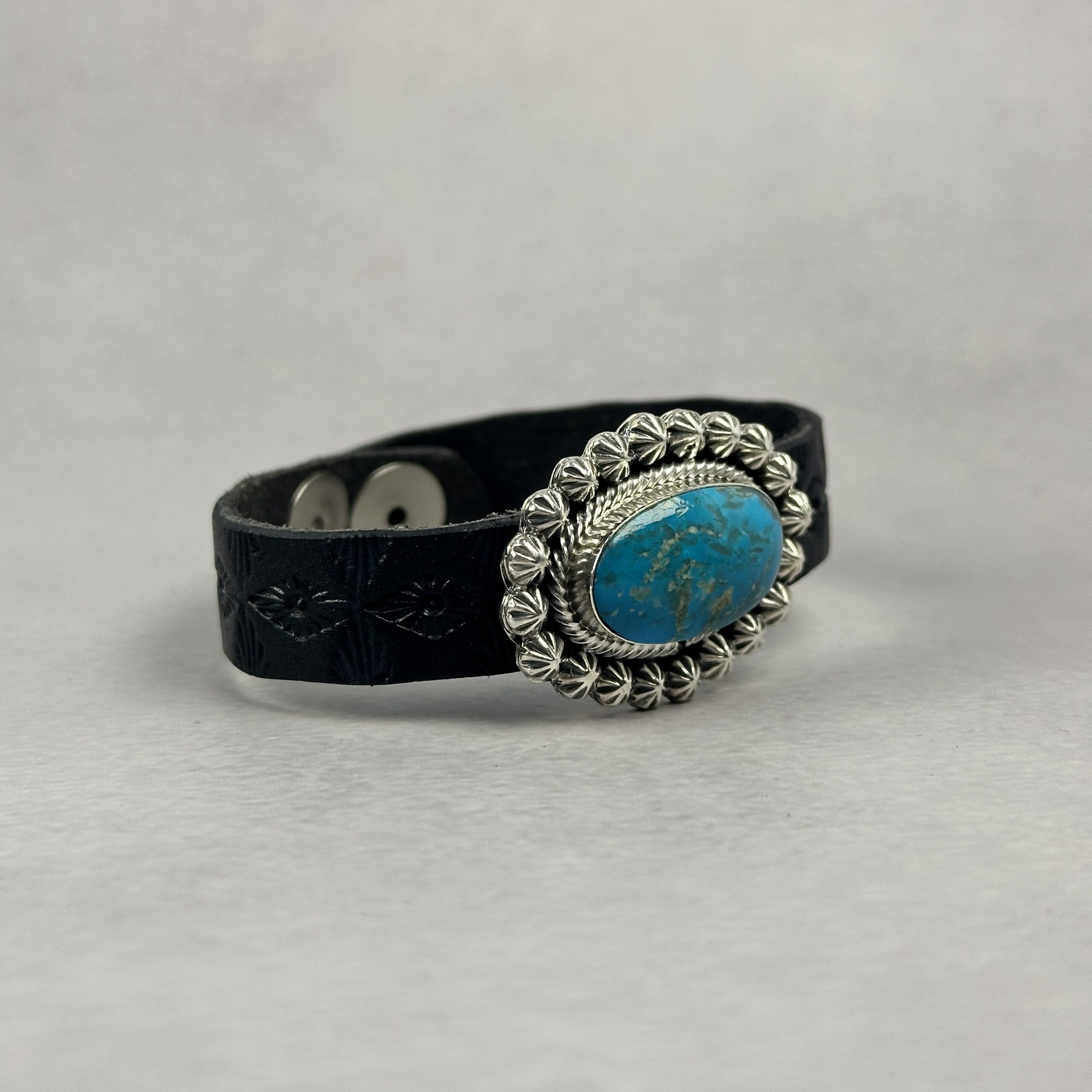 Black Leather and Kingman Turquoise Bracelet - Navajo Made -Suzanne Johnson - 8" - Image 2