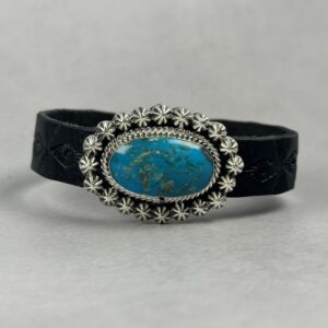 Black Leather and Kingman Turquoise Bracelet - Navajo Made -Suzanne Johnson - 8"
