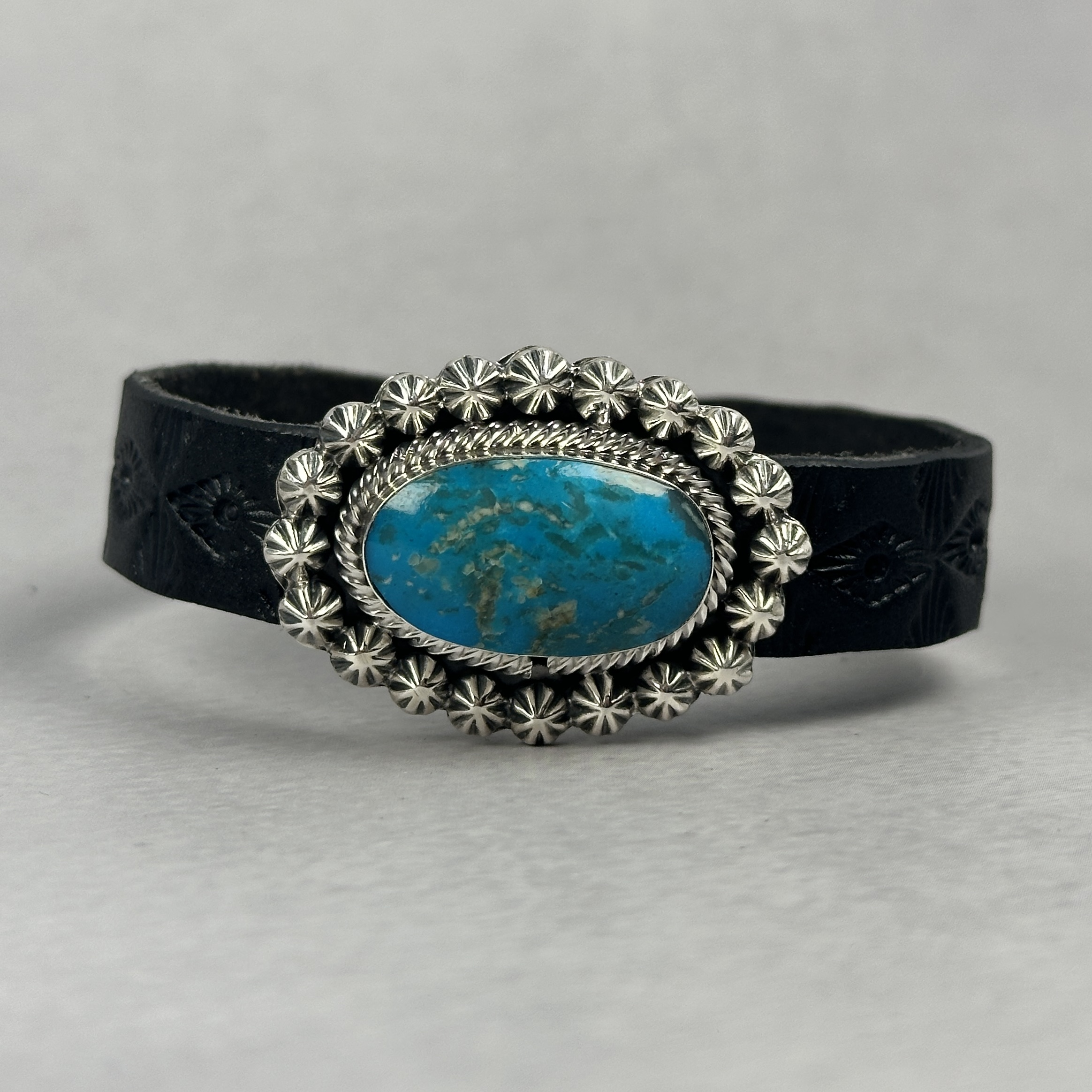 Black Leather and Kingman Turquoise Bracelet - Navajo Made -Suzanne Johnson - 8"