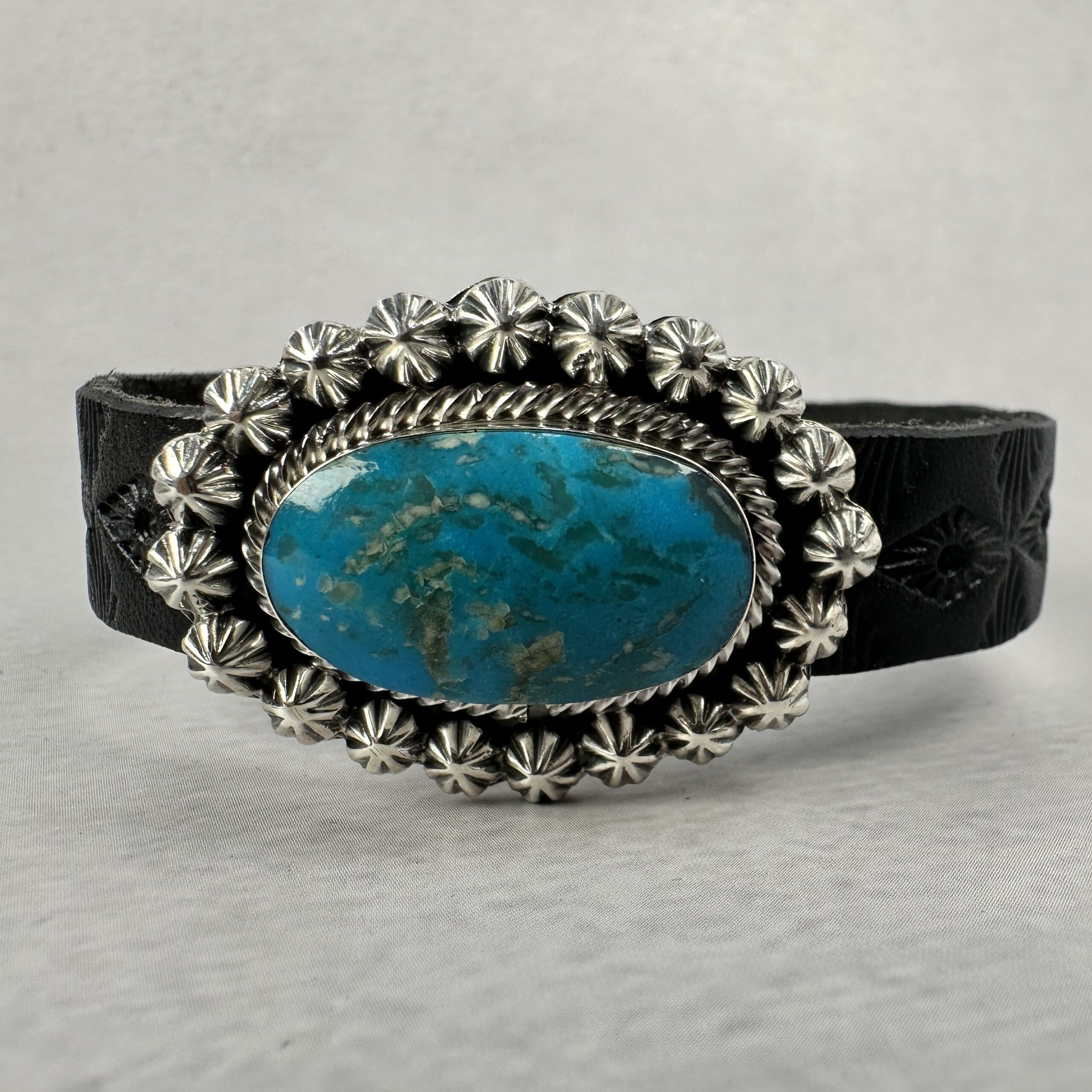 Black Leather and Kingman Turquoise Bracelet - Navajo Made -Suzanne Johnson - 8" - Image 5