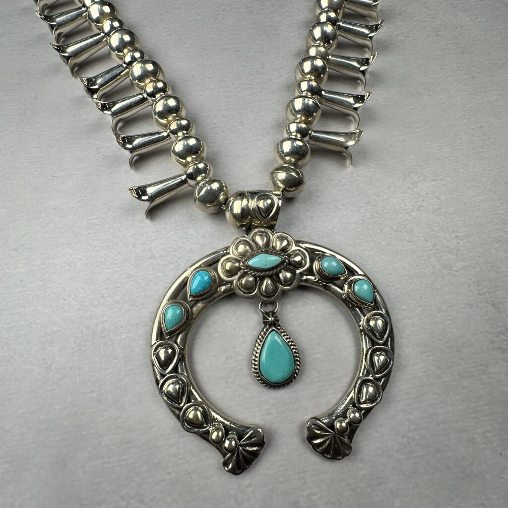 Sterling silver squash blossom statement necklace with turquoise
