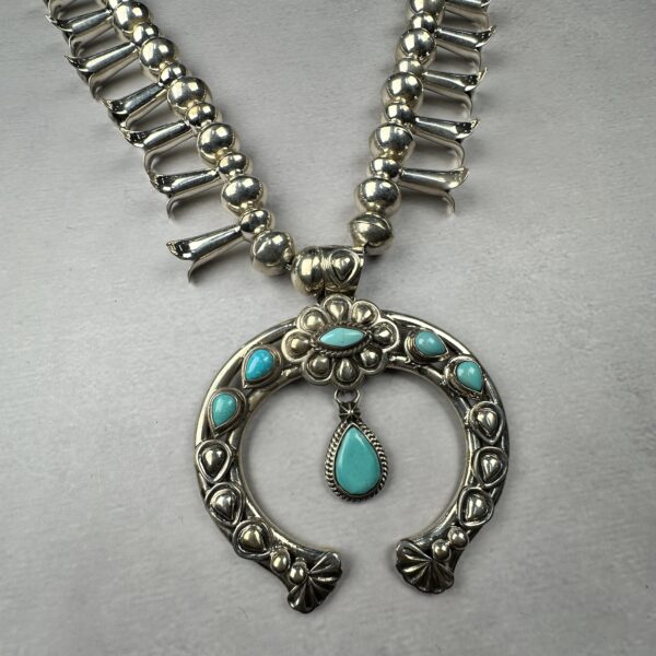 Sterling silver squash blossom statement necklace with turquoise