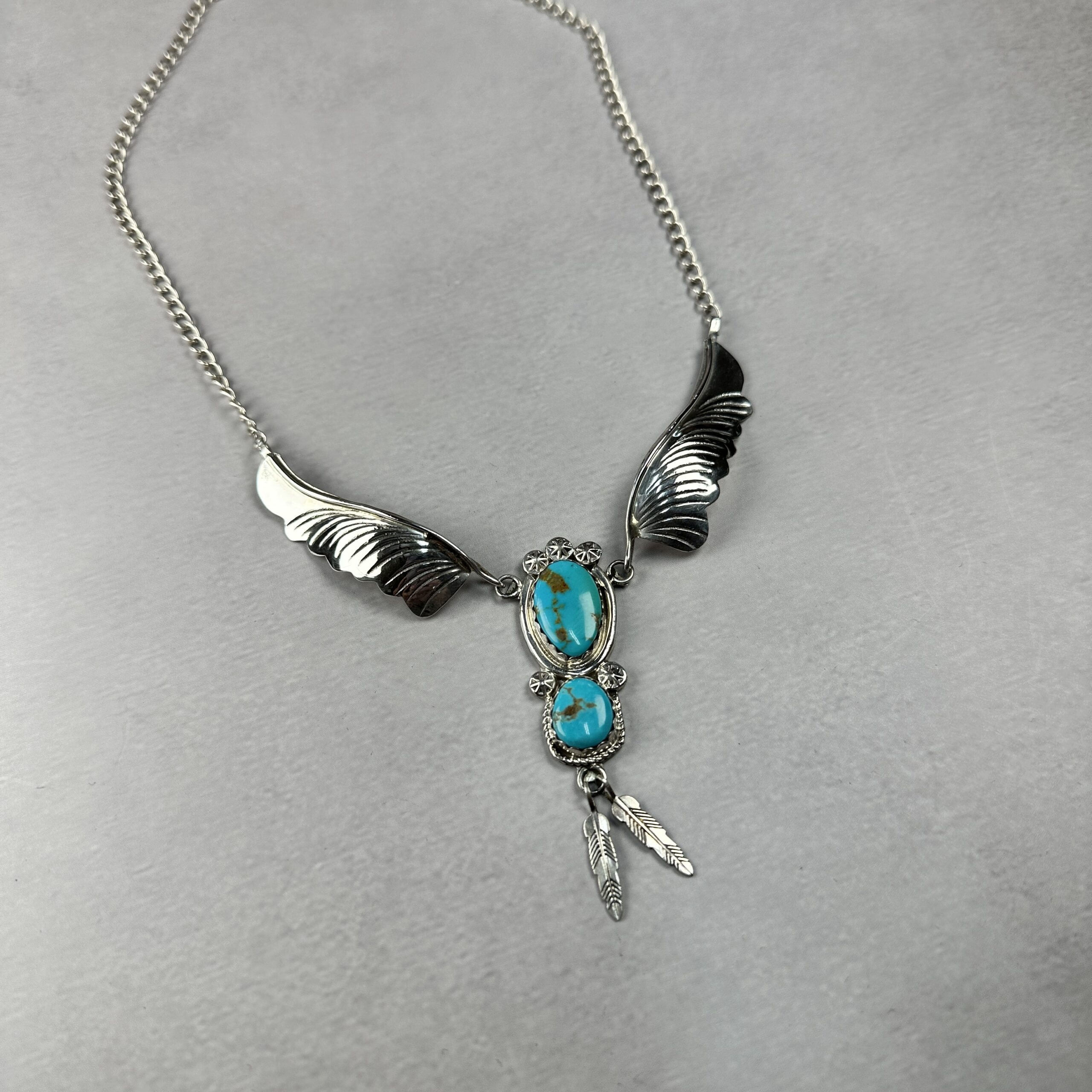 2 Stone Kingman Turquoise Winged Drop Necklace – Navajo Made - Margie Chee - Image 2