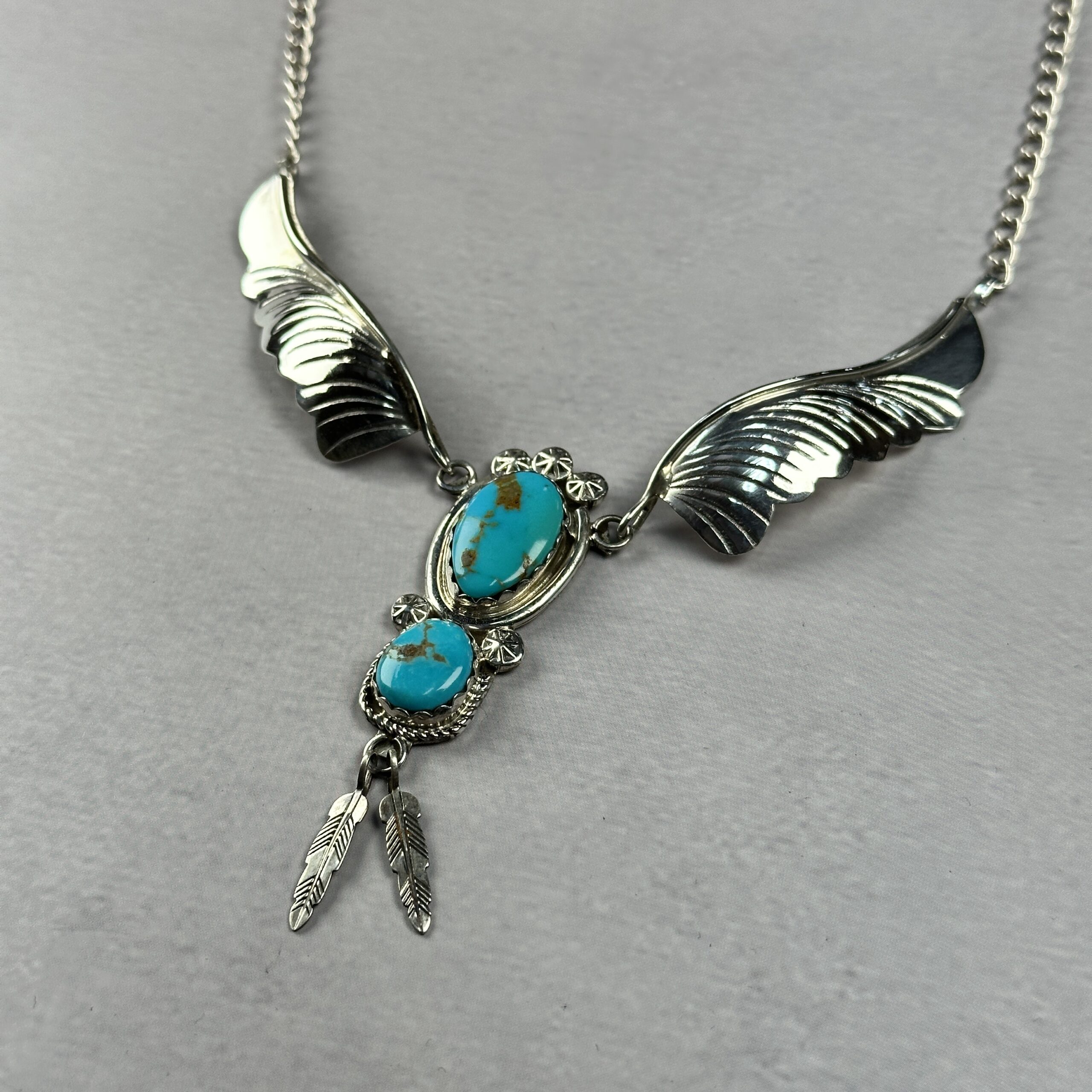 2 Stone Kingman Turquoise Winged Drop Necklace – Navajo Made - Margie Chee