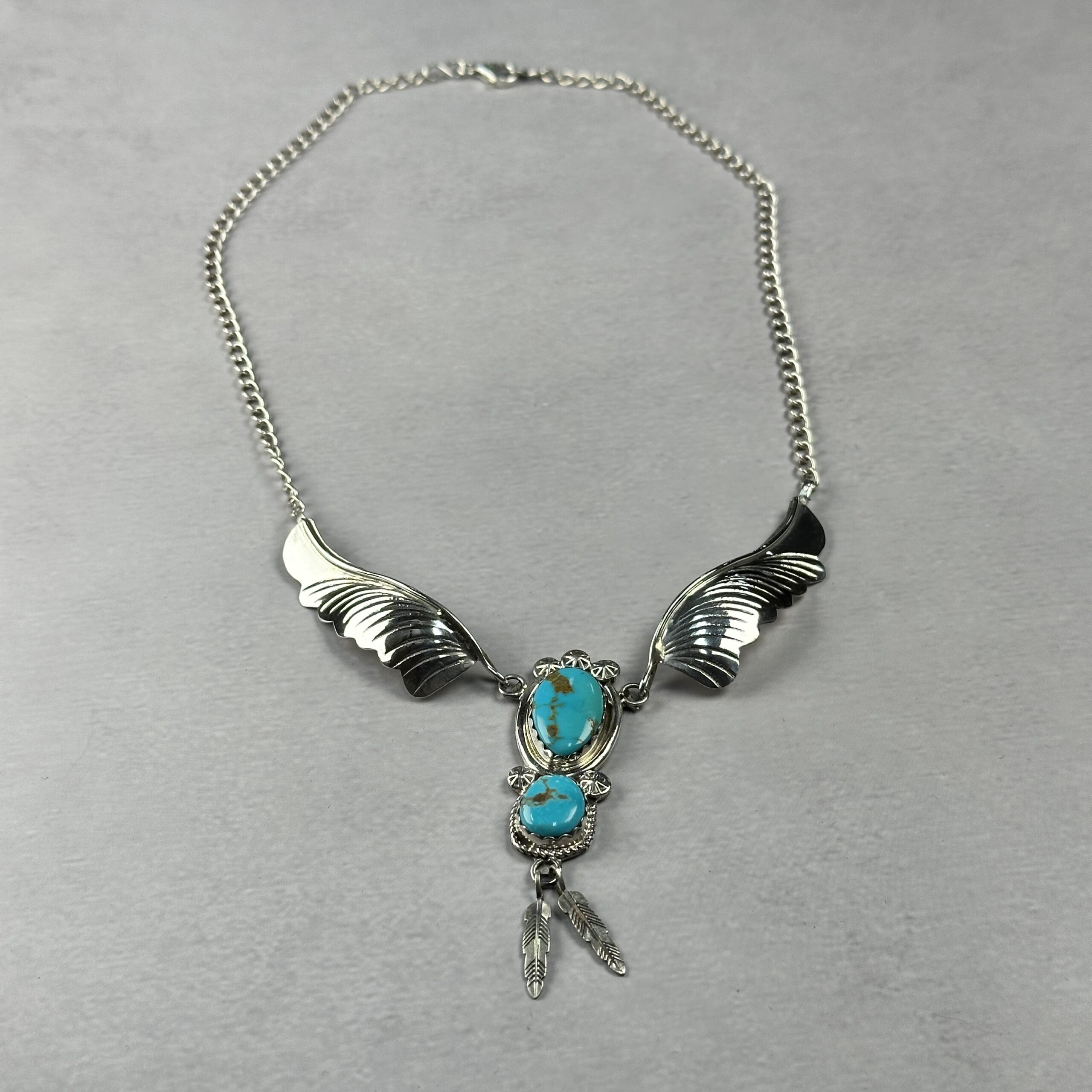 2 Stone Kingman Turquoise Winged Drop Necklace – Navajo Made - Margie Chee - Image 3