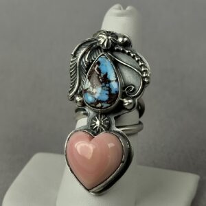 2 Stone Golden Hills + Pink Conch - Silver Star Ring - Adjustable