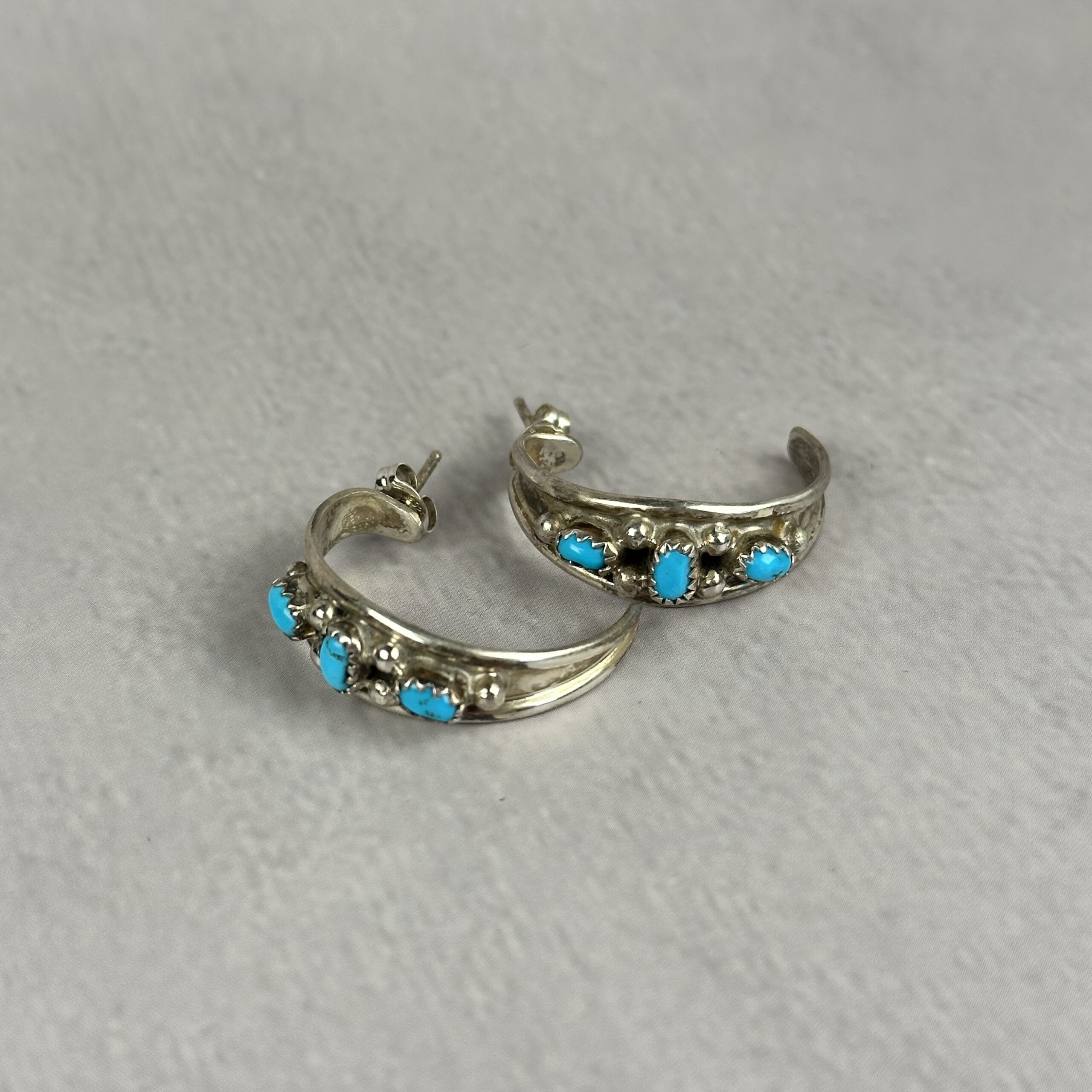 3 Stone Kingman Turq 1/2 Hoop Earrings - Navajo Made - Elvira Cadman - Image 2