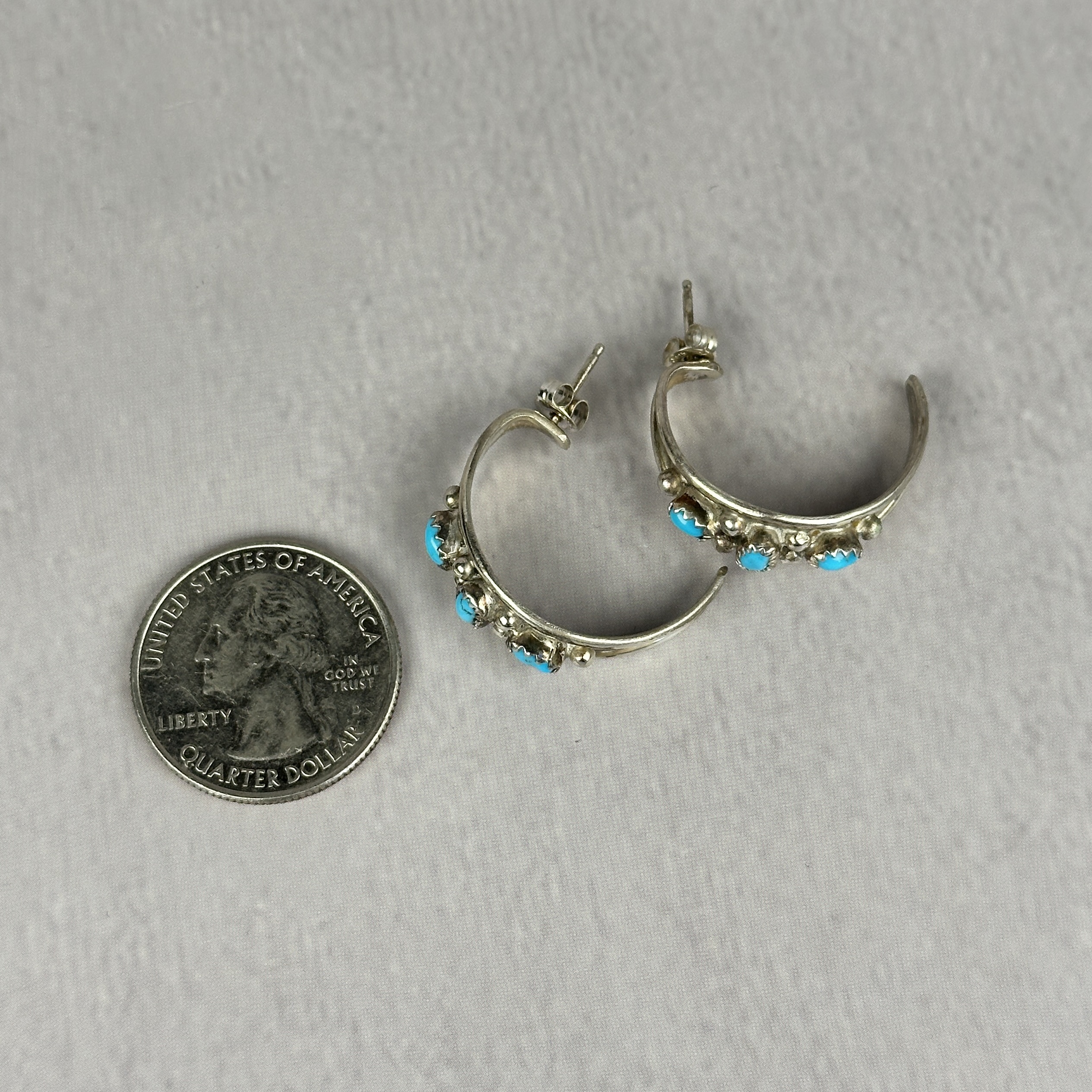 3 Stone Kingman Turq 1/2 Hoop Earrings - Navajo Made - Elvira Cadman - Image 4