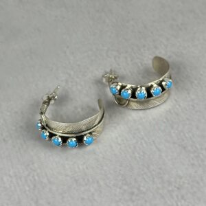 Turquoise Feather 1/2 Hoop Earrings - Navajo Made - Chester Charley