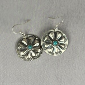 Kingman Turquoise Concho Dangle Earrings - Navajo Made - Joan Begay