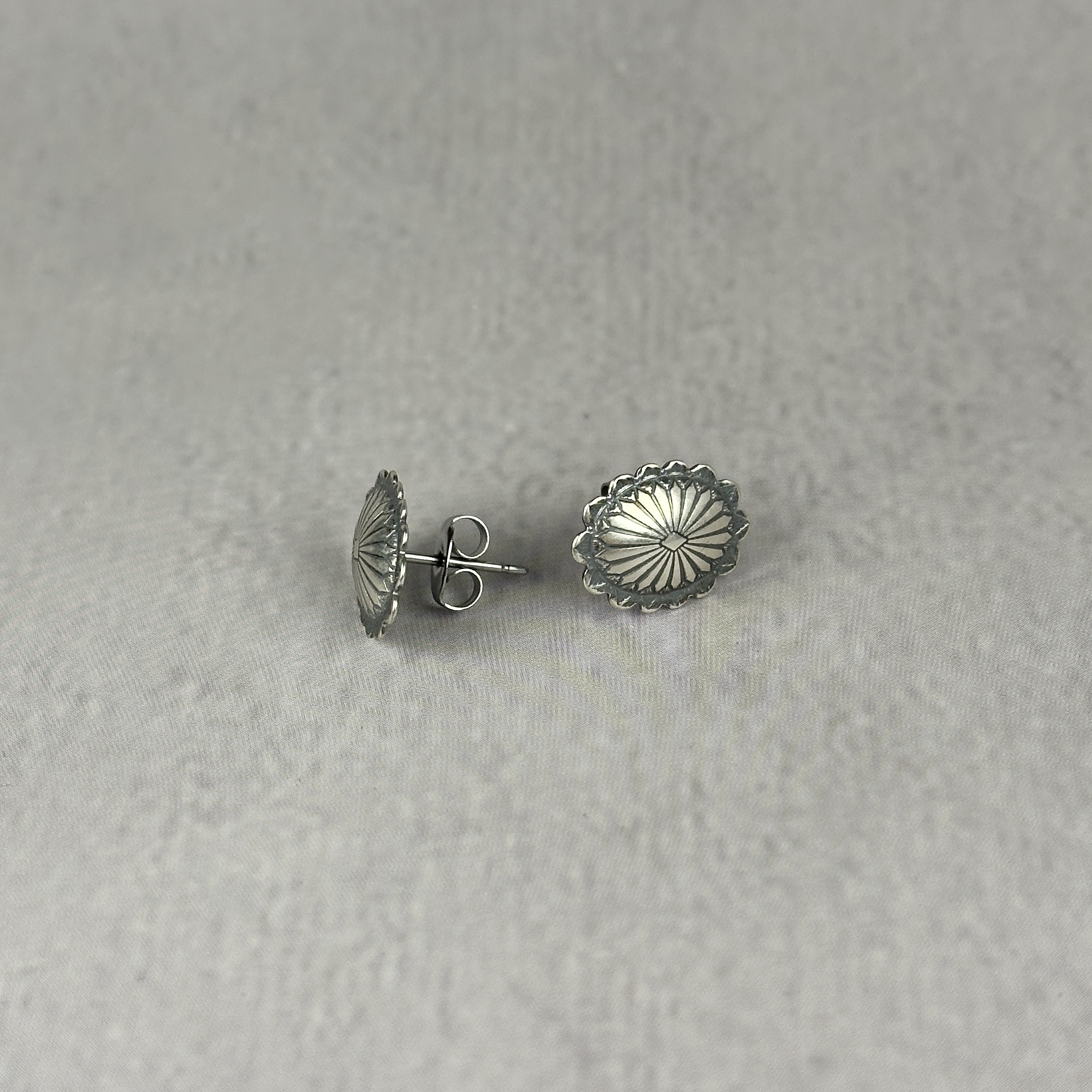 Small Silver Oval Concho Stud Earrings - Handmade .925 - Image 2