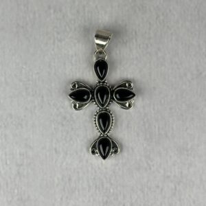 Black Onyx Silver Cross Pendant - Handmade .925